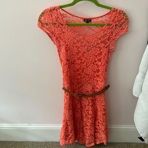 Coral lace dress with belt